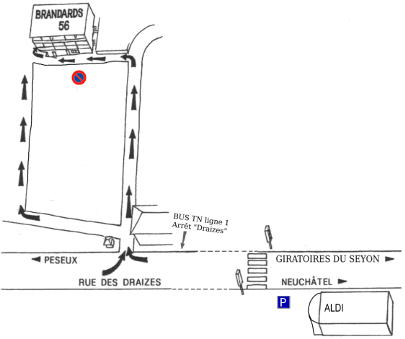 plan qui indique ou se trouve la salle des brandards, 400m à l'ouest après le giratoire du seyon, juste après les locaux de swisscom