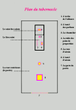 plan du tabernacle, de haut en bas; le saint des saints contenant l'arche de l'alliance séparé du lieu saint contenant l'autel des parfums, le chandelier, la table des pains de propositions tout cela forme le tabernacle ensuite vient la cour extérieure (le parvis) où se trouve d'abord la cuve d'airin ensuite l'autel d'airin et pour finir la porte du parvis qui délimite la cours extérieure